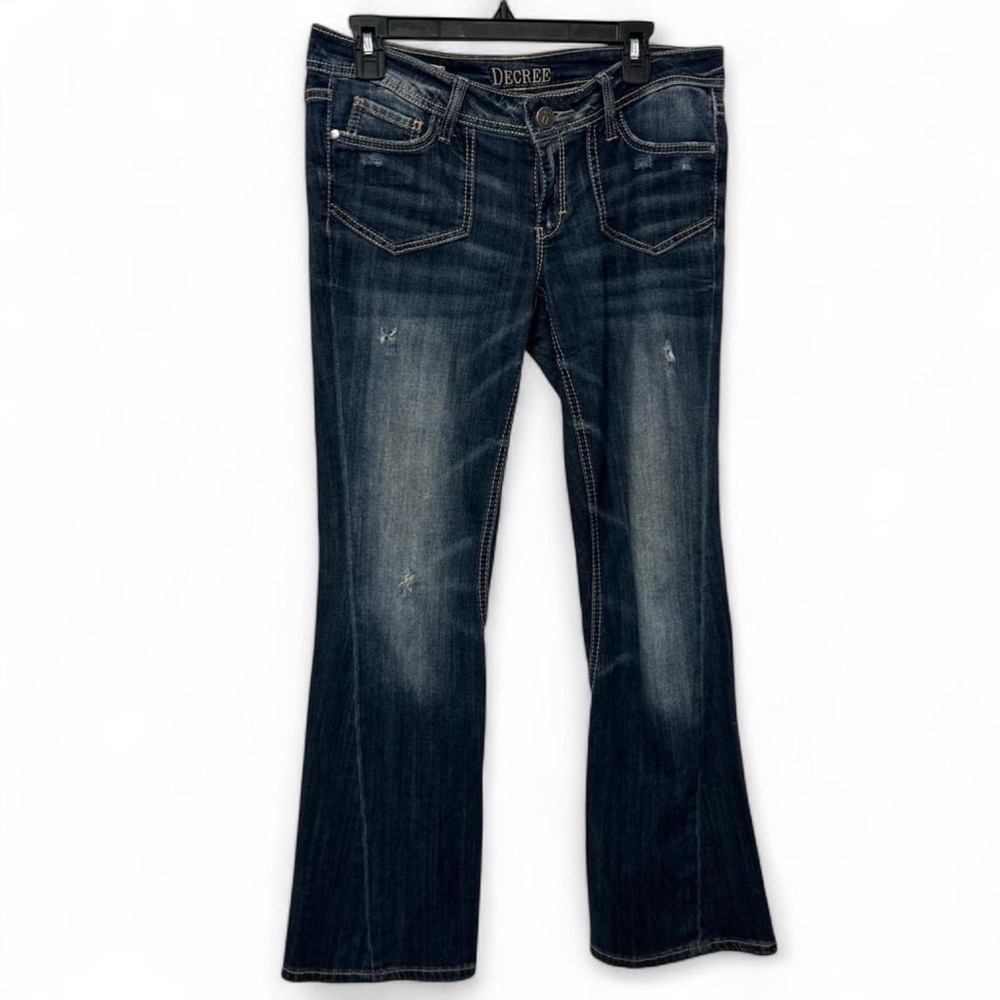 Decree Women's Size 7 Dark Blue Boot Cut Distressed Low Rise Jeans Y2K